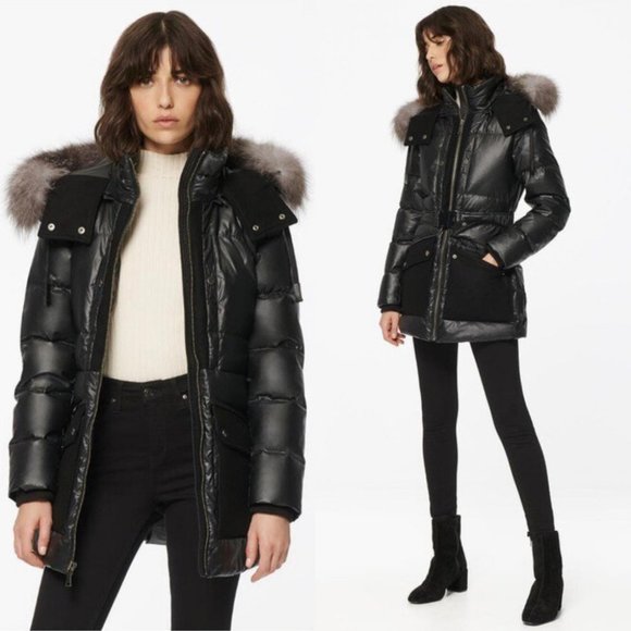 ANDREW MARC Morro Coated Down Puffer Jacket Fur Trim Hood Coat, Black, Medium - Picture 1 of 9
